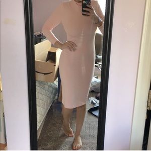 Pink Midi Bodycon Sleeved Mock Neck Dress